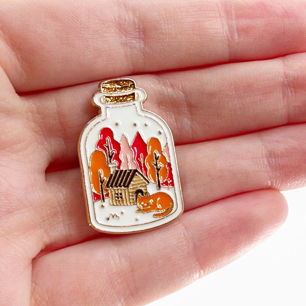 Autumn Cabin Bottle Enamel Pin | Cozy Fall Cottagecore Soft Enamel